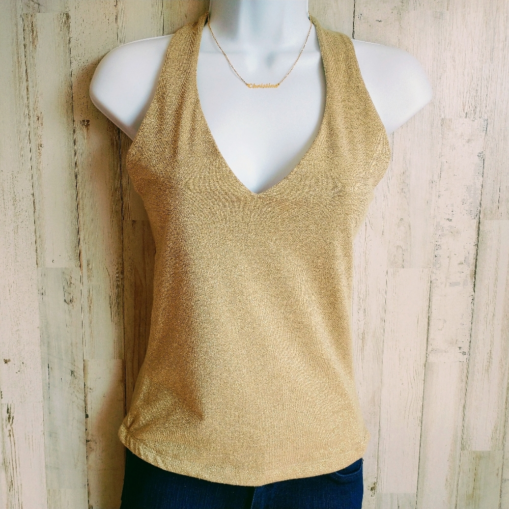 🔥Vintage gold metallic halter tie top Made in the USA